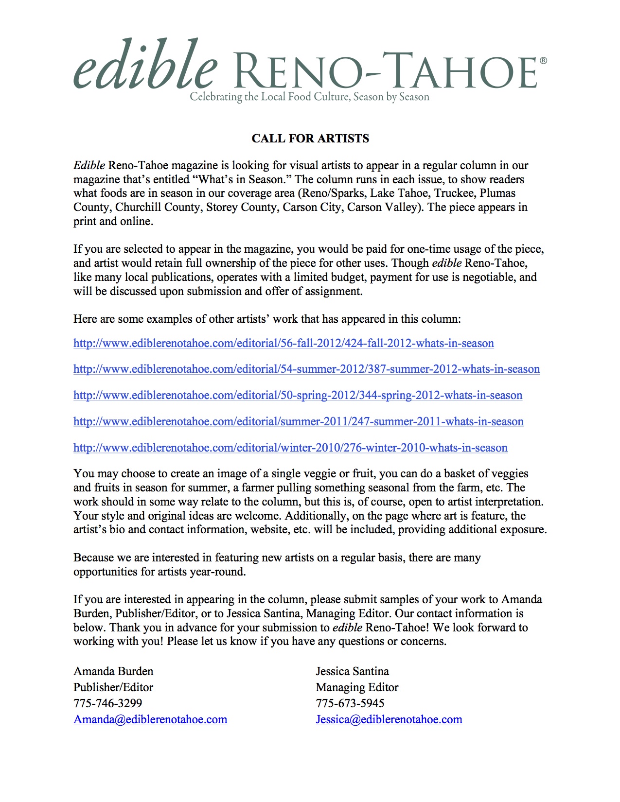 Edible Reno-Tahoe Call for Artists